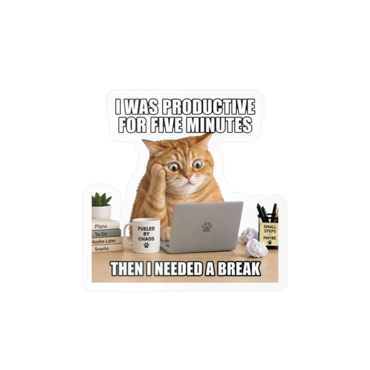 Funny Cat “I Was Productive for Five Minutes” Kiss-Cut Vinyl Decal Printify