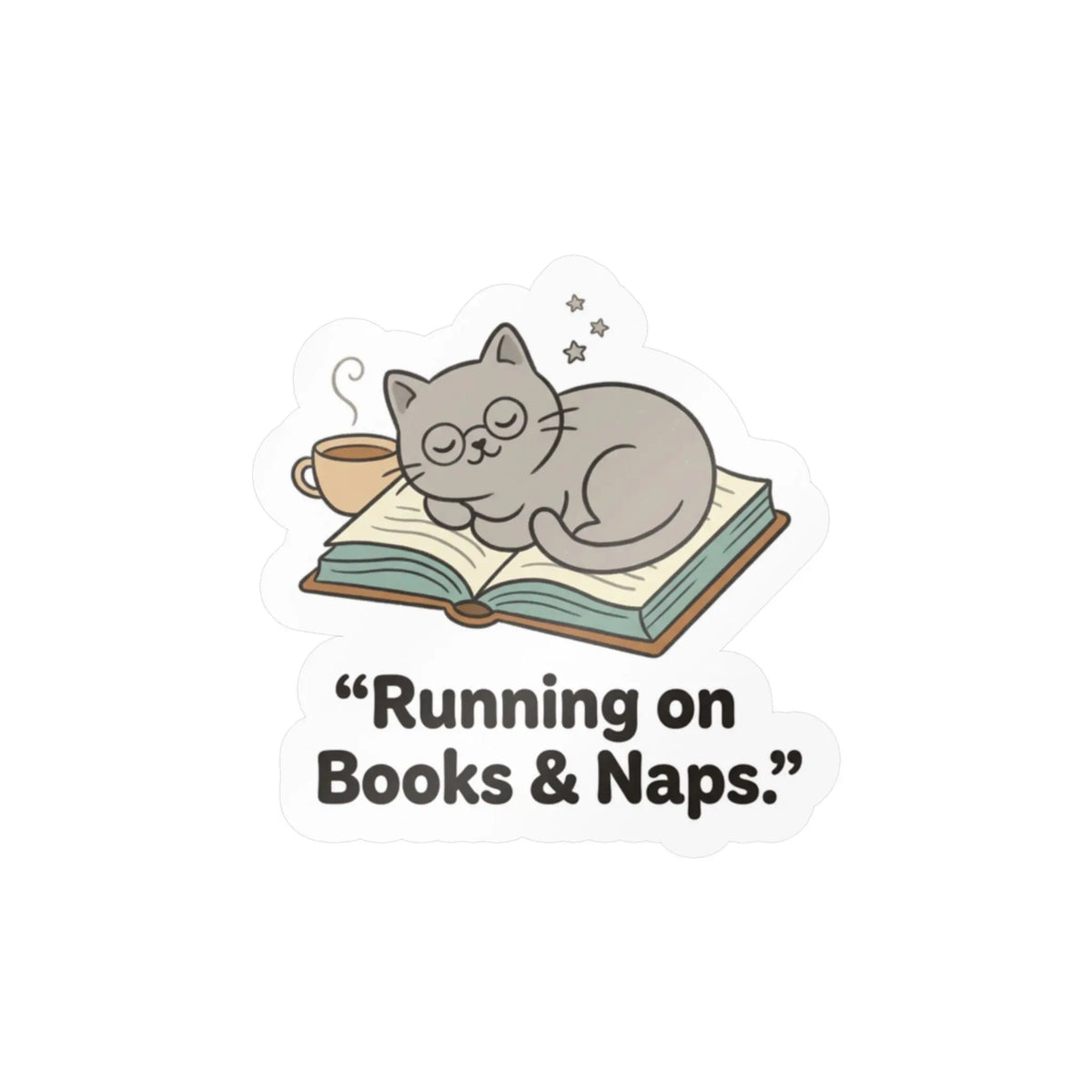 Books & Naps Sticker — Cute Cat on Book Kiss-Cut Vinyl Decal Printify