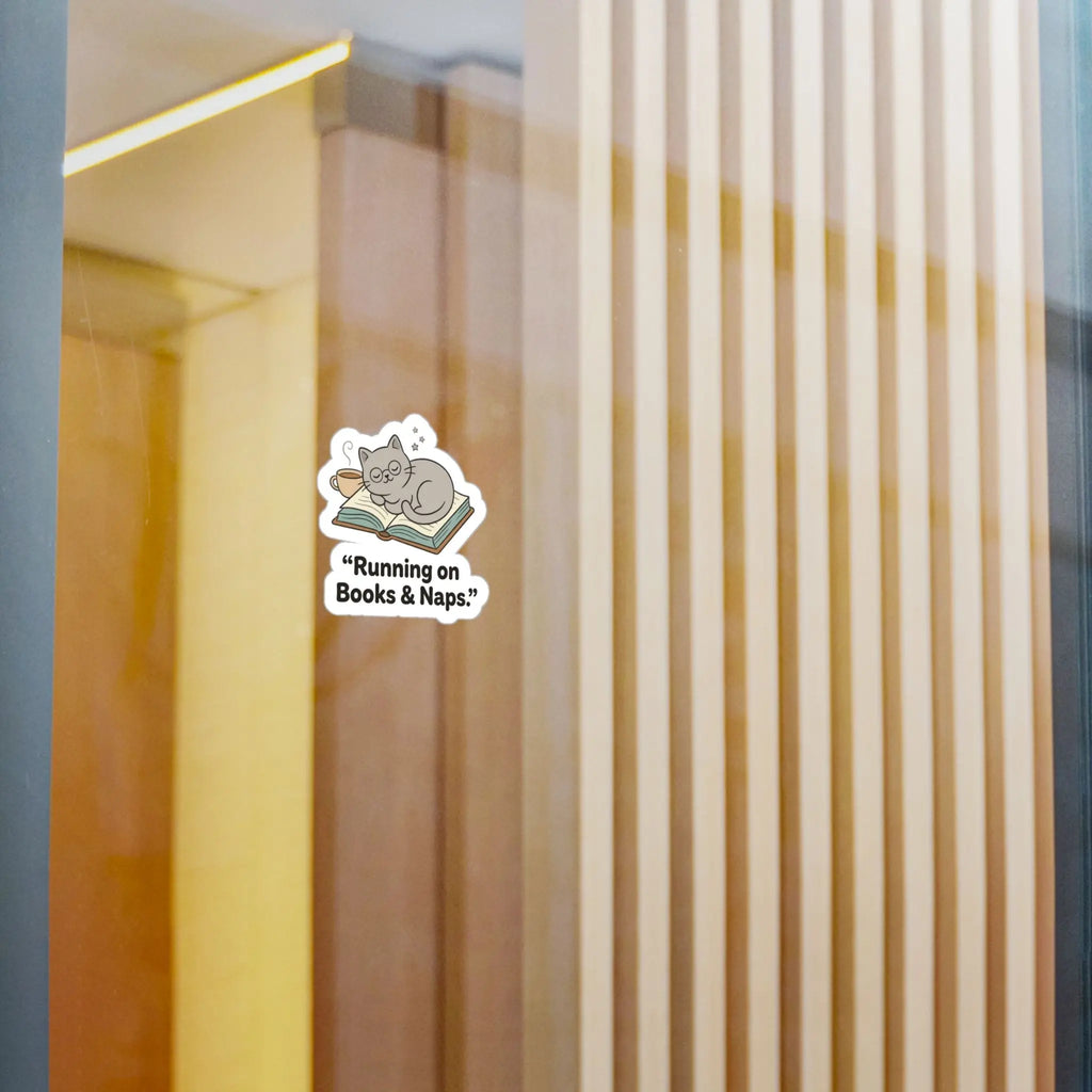 Books & Naps Sticker — Cute Cat on Book Kiss-Cut Vinyl Decal Printify