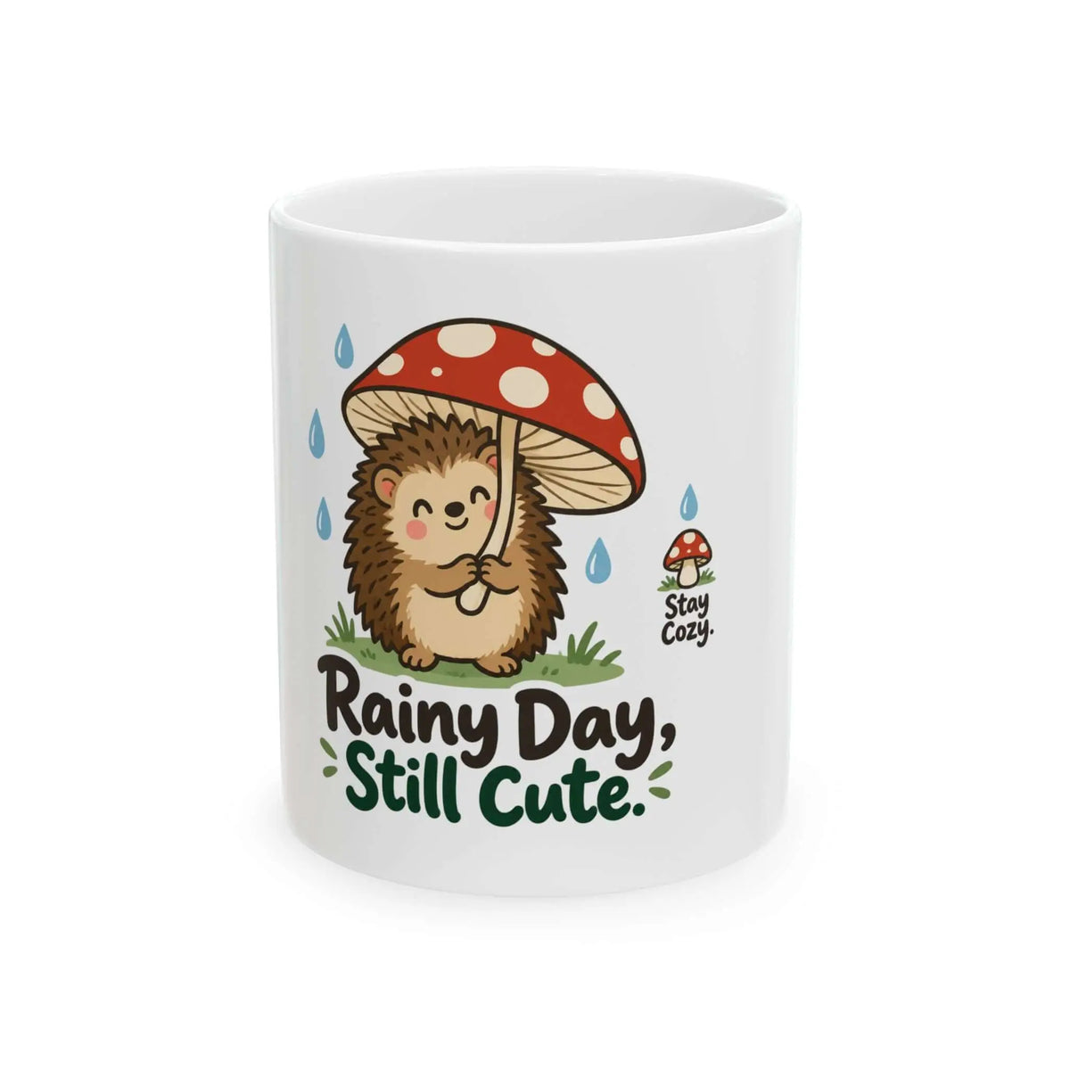 Rainy Day Still Cute Hedgehog Mushroom Ceramic Mug Printify