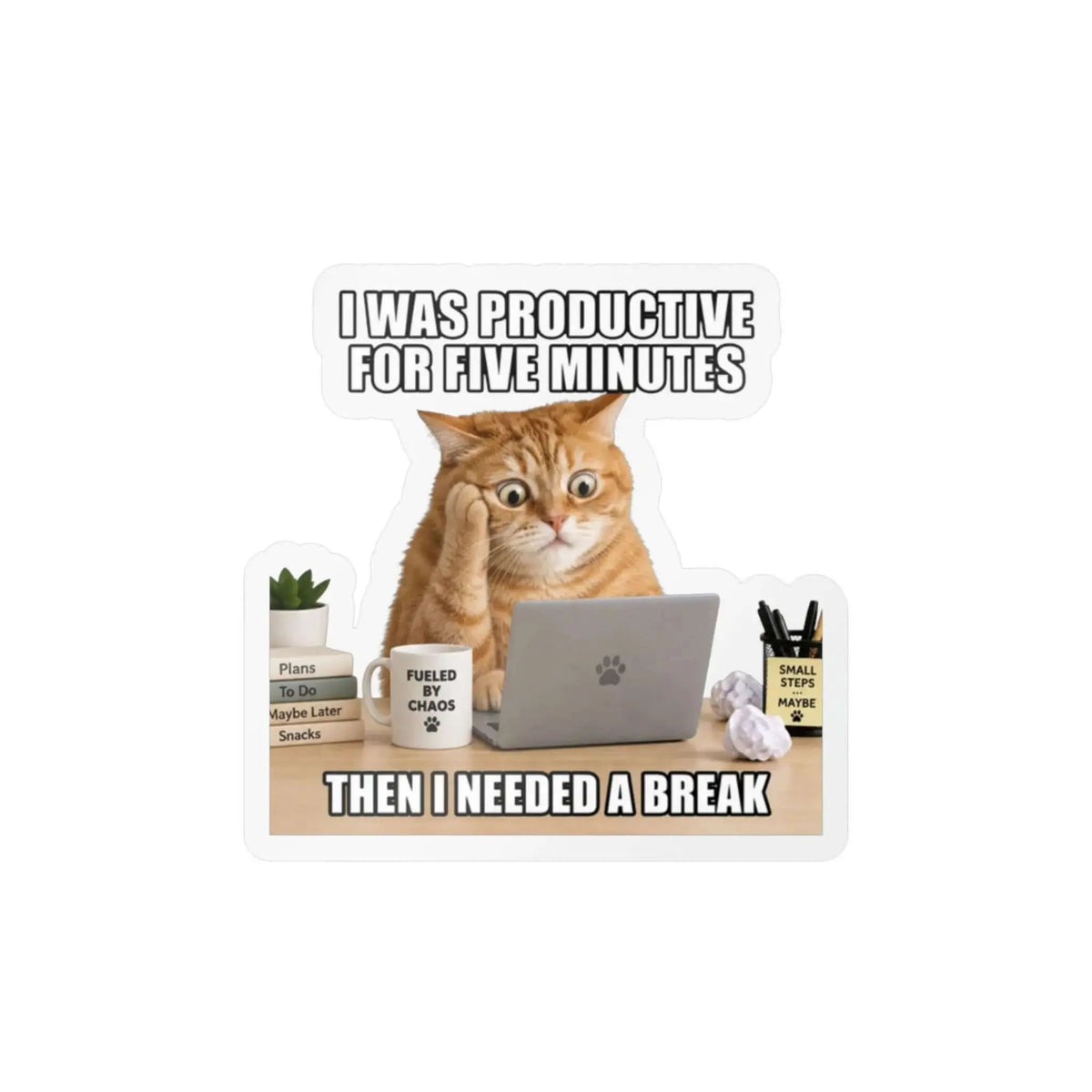 Funny Cat “I Was Productive for Five Minutes” Kiss-Cut Vinyl Decal Printify