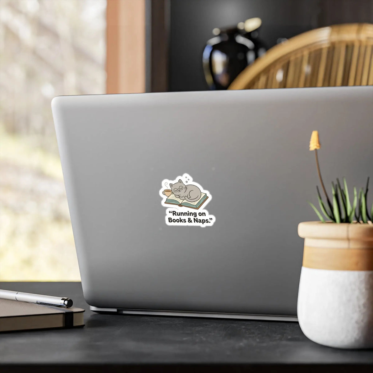 Books & Naps Sticker — Cute Cat on Book Kiss-Cut Vinyl Decal Printify
