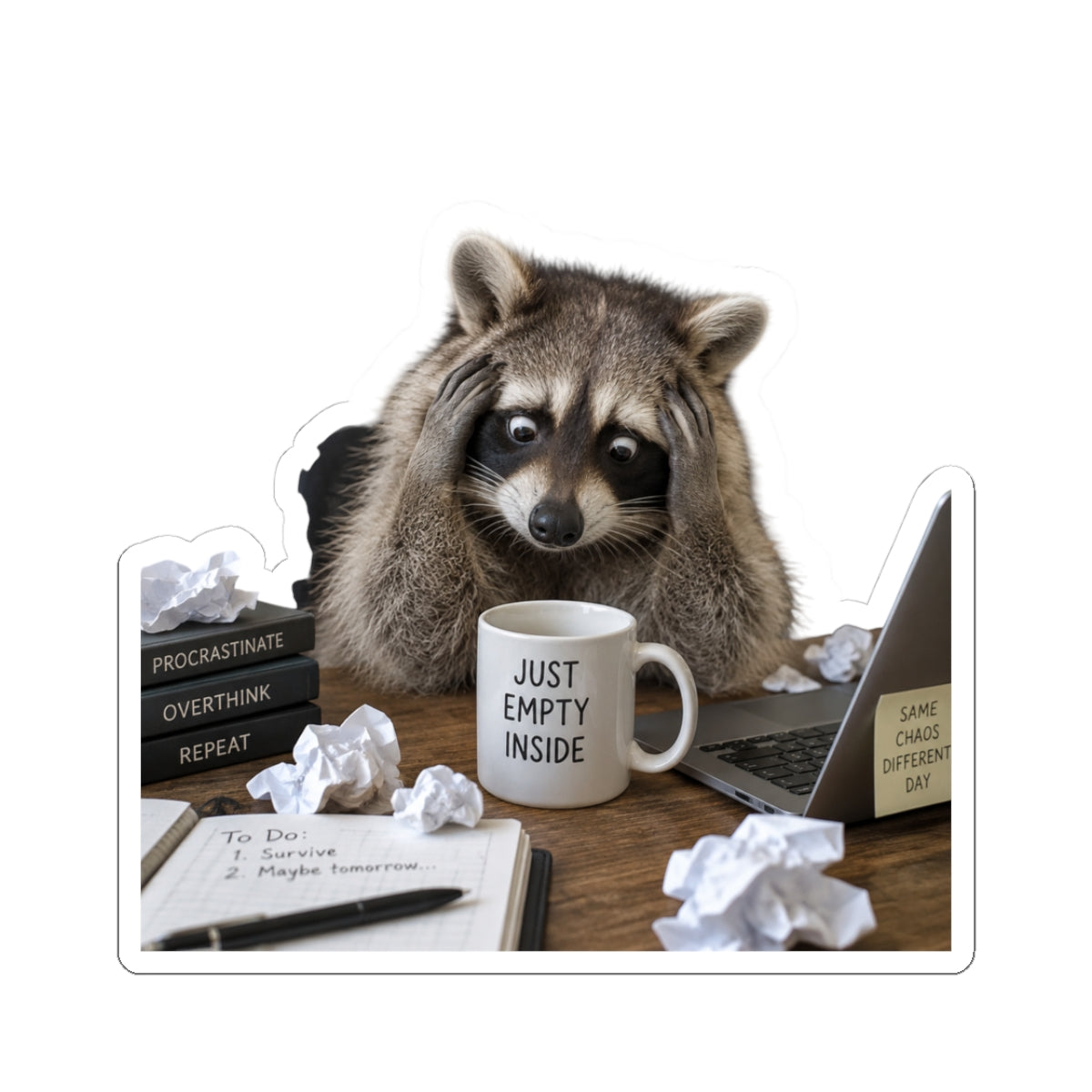 Just Empty Inside Raccoon Kiss-Cut Sticker Printify
