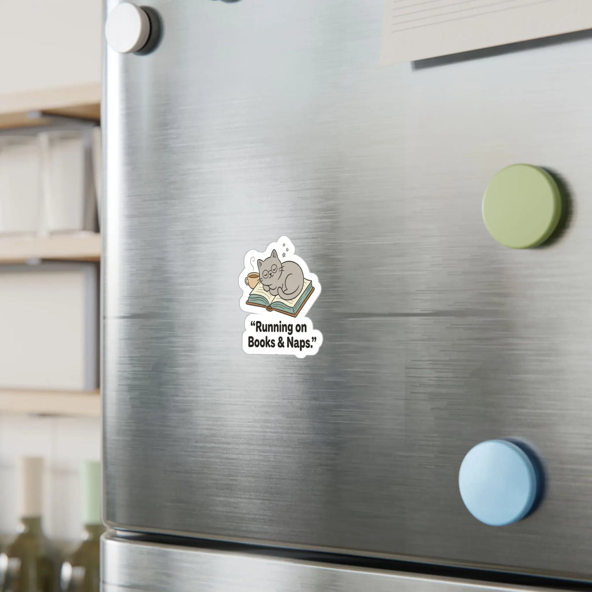 Books & Naps Sticker — Cute Cat on Book Kiss-Cut Vinyl Decal Printify